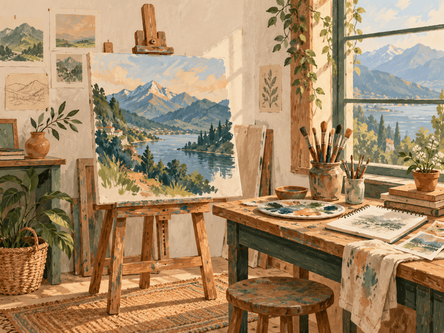 Illustration of a sunlit painting studio with an easel, brushes and a sketchbook