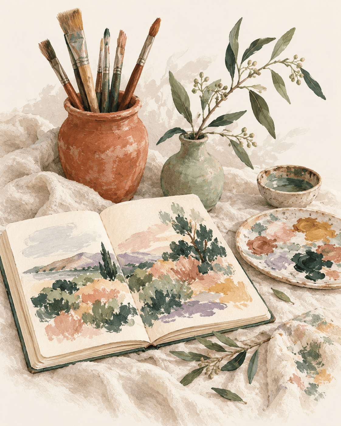 Watercolour illustration of brushes, ceramics and an open sketchbook in soft earthy colours